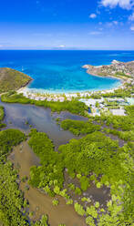 Luftaufnahme per Drohne von Carlisle Bay Beach, Antigua, Leeward-Inseln, Westindien, Karibik, Mittelamerika - RHPLF12828
