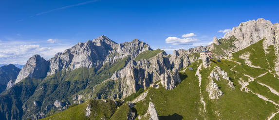 Aerial panoramic of Rifugio Rosalba, Grignetta, Torre Cinquantenario and Torre Cecilia pinnacles, Lecco province, Lombardy, Italy, Europe - RHPLF12841