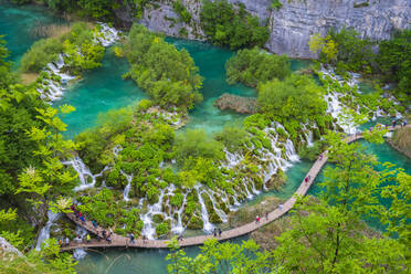 Aerial view of the boardwalk at Plitvice Lakes National Park, UNESCO World Heritage Site, Croatia, Europe - RHPLF12854