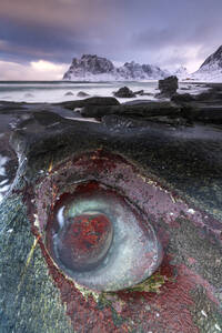Unusual rock formation at Uttakleiv Beach, Vestvagoy, Lofoten Islands, Nordland, Norway, Europe - RHPLF12906