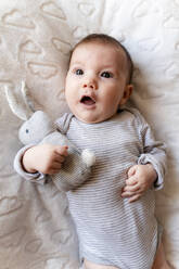 Baby girl lying on a white blanket with clouds and holding a rabbit toy - GEMF03300
