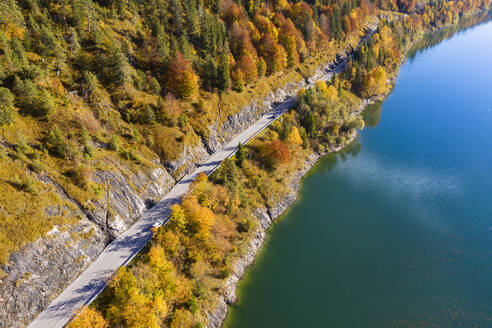 Deutschland, Bayern, Lenggries, Luftaufnahme der leeren Autobahn am Ufer des Sylvenstein-Stausees im Herbst - SIEF09325