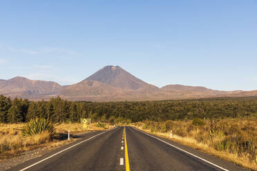 Neuseeland, Nordinsel, Abnehmende Perspektive des State Highway 48 mit dem Mount Ngauruhoe im Hintergrund - FOF11104