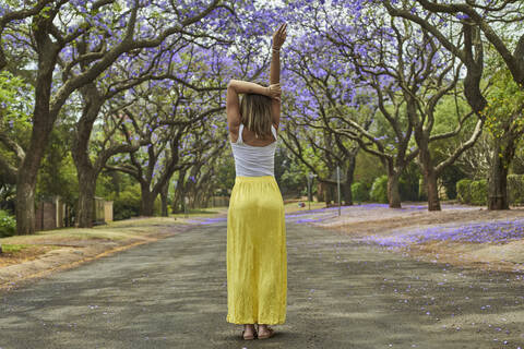 Frau inmitten einer Straße voller blühender Jacaranda-Bäume, Pretoria, Südafrika, lizenzfreies Stockfoto