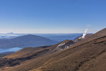 New Zealand, Oceania, North Island, Tongariro National Park, North Island Volcanic Plateau, Tongariro Alpine Crossing Trail, Lake Rotoaira and Lake Taupo, Te Maari Crater, steam from the Ketetahi Hot Springs  - FOF11143