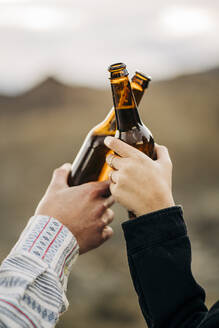 Close-up of couple clinking beer bottles - MPPF00267