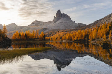 Herbstliche Berglandschaft, die sich im See spiegelt, Dolomiten, Cortina, Italien - MRAF00443