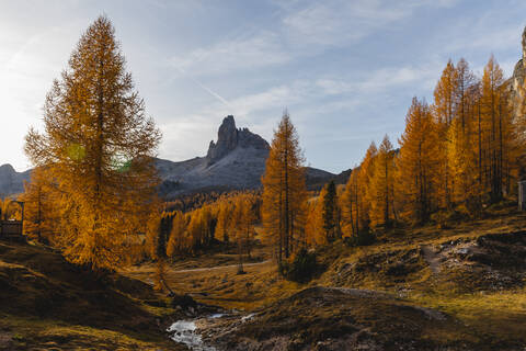 Herbstliche Berglandschaft im Morgenlicht, Dolomiten, Cortina, Italien, lizenzfreies Stockfoto