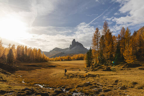 Wanderin beim Wandern in den Dolomiten, Cortina, Italien - MRAF00450