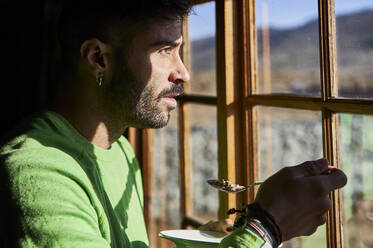 Mann isst Müsli zum Frühstück und schaut durch das Fenster - VEGF00846