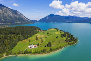 Germany, Bavaria, Aerial view of Lake Walchen and Zwergern peninsula in summer - SIEF09332