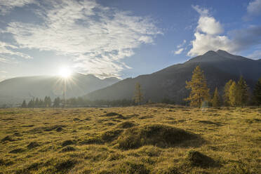 Österreich, Tirol, Ehrwald, Grasbewachsenes Gelände vor der Miemingkette bei Sonnenuntergang - PVCF01309