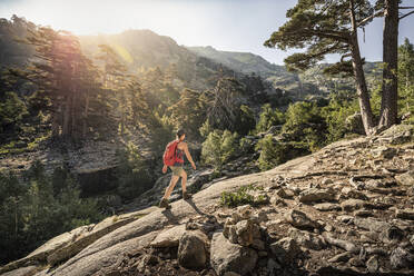 Female hiker during hike, Albertacce, Haute-Corse, Corsica, France - MSUF00041