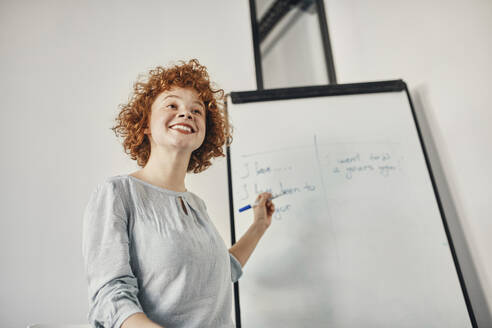 Smiling businesswoman leading a presentation at flip chart in conference room - ZEDF02845