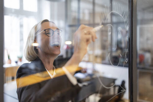 Happy mature businesswoman drawing face on glass pane in office - GUSF02702