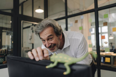 Happy senior businessman with chameleon figurine in office - GUSF02851