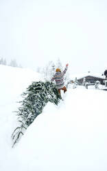 Mann kommt nach Hause, winkt und zieht den Weihnachtsbaum in den Schnee - HHF05581