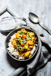 Bowl of vegan curry with potatoes, carrots, peas, parsley and pumpkin - SBDF04159