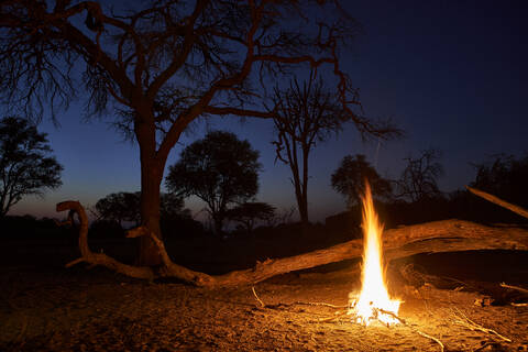 Abendstimmung mit Lagerfeuer, Khwai, Botswana, lizenzfreies Stockfoto