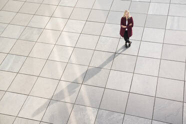 Blonde Geschäftsfrau steht mit verschränkten Armen auf dem Boden und schaut in die Kamera, von oben - AHSF01363