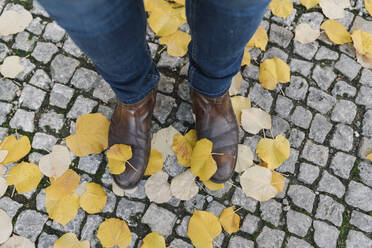 Close-up of man standing in autumn leaves on cobblestone pavement - AHSF01467