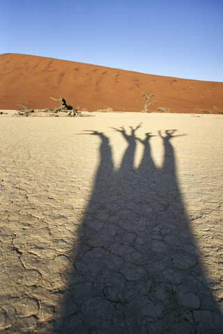 Schatten eines toten Baumes im Deadvlei bei Sonnenaufgang, Sossusvlei, Namib-Wüste, Namibia, lizenzfreies Stockfoto