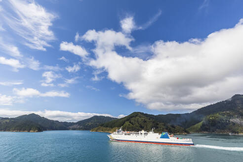 Neuseeland, Marlborough Region, Picton, Weiße Sommerwolken über der bewaldeten Küste der Südinsel und Fähre über die Marlborough Sounds - FOF11237