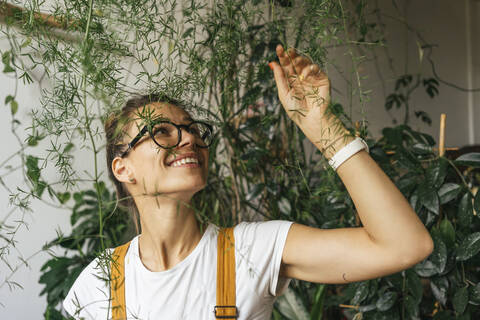 Happy young woman caring for plants stock photo