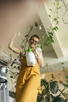 Glückliche junge Frau, die auf einer Leiter steht und sich um Pflanzen in einem kleinen Laden kümmert - VPIF01843
