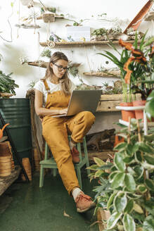 Young woman using laptop in a small gardening shop - VPIF01851