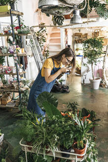 Young woman taking pictures of plants in a small gardening shop - VPIF01890