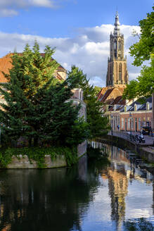 Netherlands, Utrecht, Amersfoort, Tower of Our Lady reflecting in Eem river canal - LBF02828