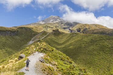 Neuseeland, Männlicher Wanderer bewundert die Aussicht auf den Vulkan Mount Taranaki im Frühling - FOF11321