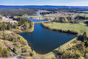 Deutschland, Niedersachsen, Goslar, Luftaufnahme des Oberharzer Wasserregals im Frühling - RUNF03470