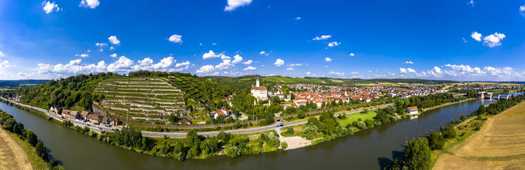 Deutschland, Baden-Württemberg, Odenwald, Gundelsheim, Luftaufnahme von Burg Horneck und Neckar - AMF07561