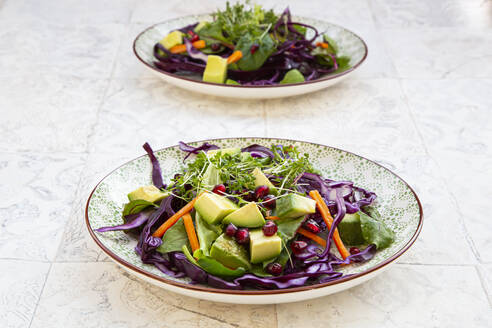 Salat mit Rotkohl, Karotten, Kopfsalatblättern, Avocado, Granatapfelkernen und Kresse - LVF08456