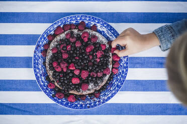 Direkt über der Aufnahme eines Jungen, der eine Himbeere in einer Torte am Tisch aufhebt - MASF14945