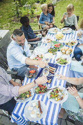 Freunde und Familie stoßen mit Weingläsern an, während sie im Garten zu Mittag essen - MASF14966