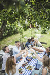 High angle view of friends toasting wineglasses during backyard party in summer - MASF14969