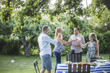 Glückliche Freunde stoßen mit Weingläsern an, während sie auf einer Wochenendparty im Hinterhof stehen - MASF15018