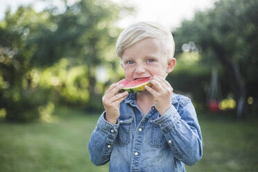 Portrait of boy eating fresh watermelon in backyard - MASF15020