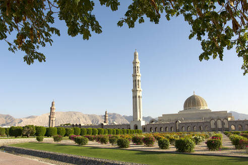 Große Sultan-Qaboos-Moschee an einem sonnigen Tag bei strahlend blauem Himmel - CAVF69763