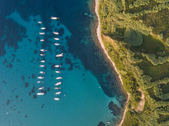 Luftaufnahme von Booten, die am Ufer der Insel Susak, Kroatien, vor Anker liegen. - AAEF05988