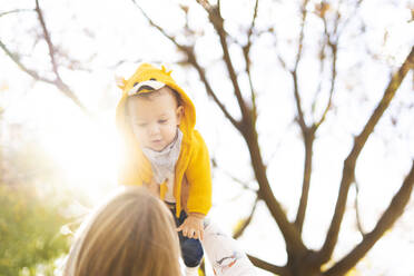 Mother lifting up baby boy in a park - ERRF02272