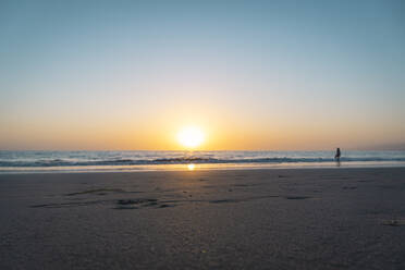 USA, California, Los Angeles, Clear sky over sandy coastal beach of Pacific Ocean at sunset - SEEF00067
