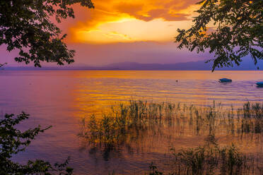 Italien, Provinz von Verona, Lazise, Gardasee bei stimmungsvollem Sonnenuntergang - MHF00524