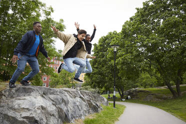 Freunde springen in voller Länge von einem Felsen im Park auf den Fußweg - MASF15135