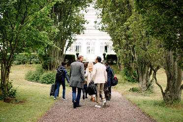 Rear view of male and female business professionals walking on footpath amidst trees - MASF15187