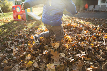 Körper eines Kindes, das im Herbst draußen in einem Haufen gefallener Blätter spielt - CAVF69837
