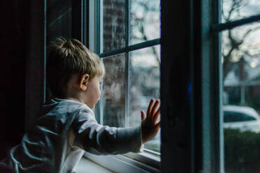 A little boy looks out a window. - CAVF69866